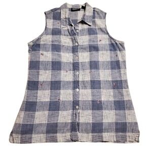 Vtg Blassport Plaid Floral Embroidered Collar Button up Blue Sleeveless Top SZ:L